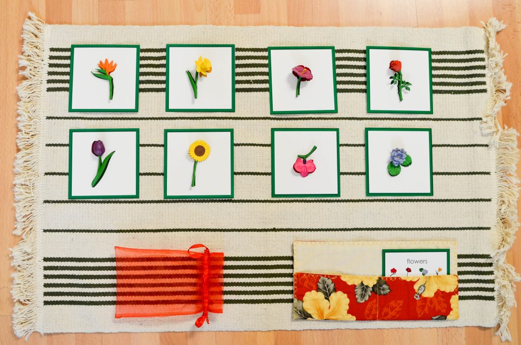 Montessori flower three part cards arranged on a work rug with miniature flower models and matching picture cards.