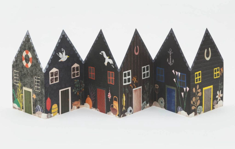 Illustrated row of dark seaside houses with nautical details and birds flying thinking about holiday boundaries above.